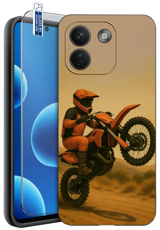 Etui z motocyklem do Xiaomi Redmi Note 17 Pro Max 5G z nadrukiem motocyklisty na pomarańczowym crossie jadącego na tylnym kole i szkłem hartowanym 9H w zestawie