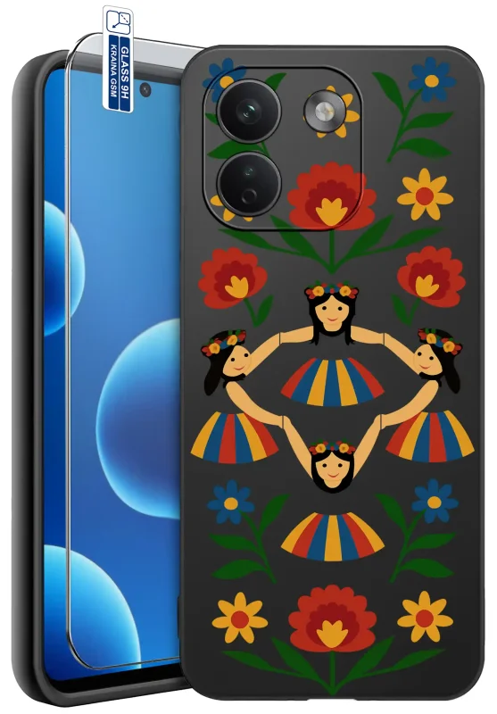 Etui ludowe do Xiaomi Redmi Note 17 Pro Max 5G z kolorowym nadrukiem tańczących dziewcząt w strojach folkowych i kwiatów na czarnym tle, szkło hartowane 9H w zestawie