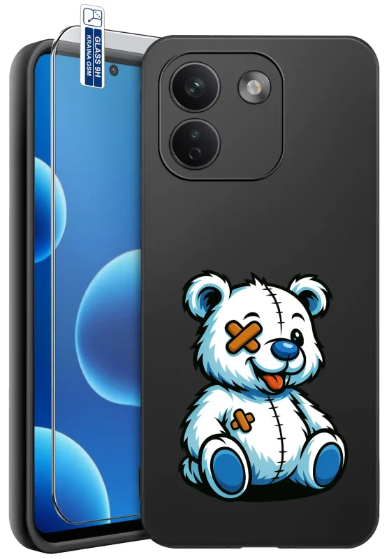 Etui z misiem do Xiaomi Redmi Note 17 Pro Max 5G z nadrukiem biało-niebieskiego misia z opaską na oku i wystawionym językiem, szkło hartowane 9H w zestawie