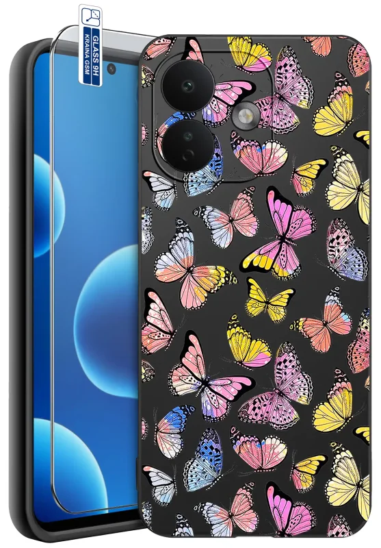 Etui dla Babci do Xiaomi Redmi Note 17 Pro 5G z nadrukiem kolorowych motyli na czarnym tle i szkłem hartowanym 9H w zestawie