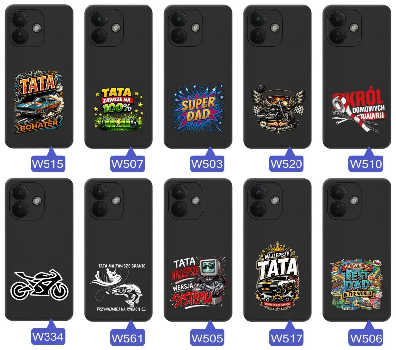 Kolekcja etui dla Taty do Xiaomi Redmi Note 17 Pro 5G z motywami samochodów, motocykli, narzędzi i wędkarstwa oraz napisami Super Tata, Best Dad i Król Domowych Awarii