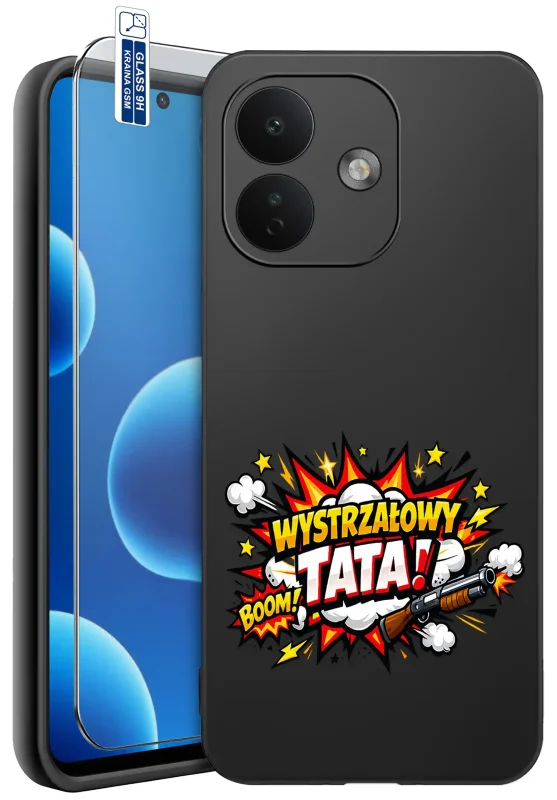 Etui dla Taty do Xiaomi Redmi Note 17 Pro 5G z komiksowym nadrukiem Wystrzałowy Tata, napisem BOOM i kolorową grafiką na czarnym tle, szkło hartowane 9H w zestawie