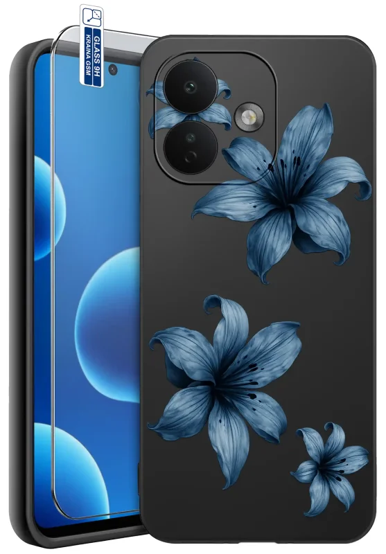 Etui wiosenne do Xiaomi Redmi Note 17 Pro 5G z nadrukiem niebieskich lilii na czarnym tle, szkło hartowane 9H w zestawie