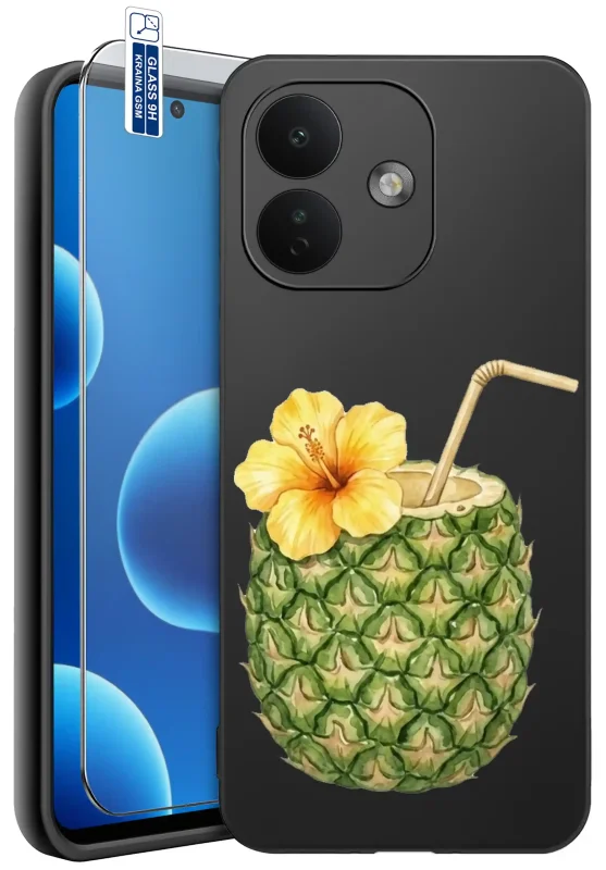 Etui wakacyjne do Xiaomi Redmi Note 17 Pro 5G z nadrukiem ananasa z żółtym kwiatem i słomką na czarnym tle, szkło hartowane 9H w zestawie