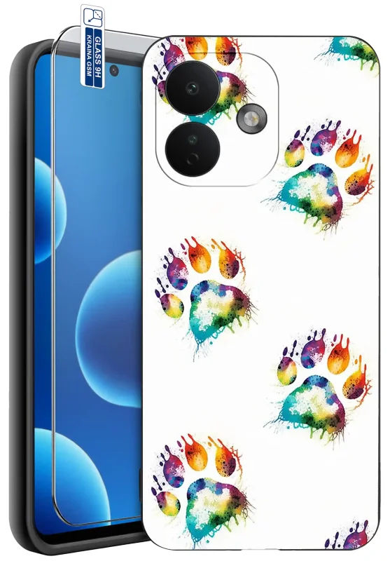 Etui z psem do Xiaomi Redmi Note 17 Pro 5G z nadrukiem kolorowych psich łapek na białym tle, szkło hartowane 9H w zestawie
