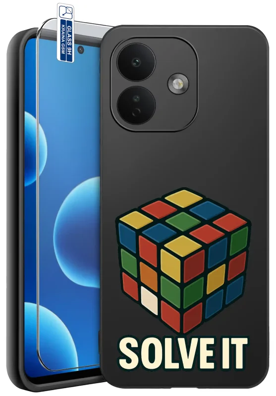 Etui dla gracza do Xiaomi Redmi Note 17 Pro 5G z nadrukiem kolorowej kostki Rubika i napisem Solve It na czarnym tle, szkło hartowane 9H w zestawie