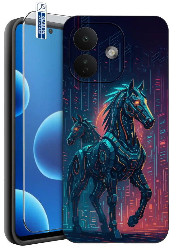 Etui z koniem do Xiaomi Redmi Note 17 Pro 5G z nadrukiem futurystycznych koni robotów w neonowych kolorach na tle miasta, szkło hartowane 9H w zestawie