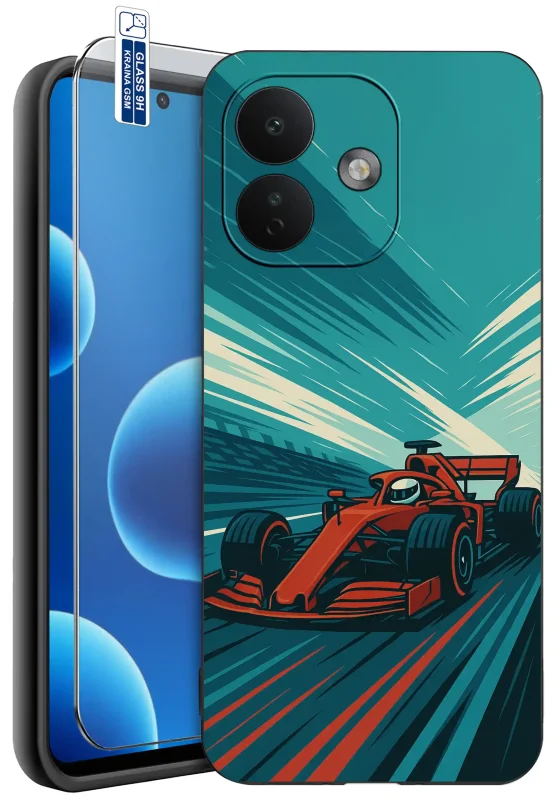 Etui z autem do Xiaomi Redmi Note 17 Pro 5G z nadrukiem czerwonego bolidu wyścigowego na torze w turkusowej kolorystyce, szkło hartowane 9H w zestawie