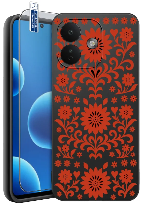 Etui ludowe do Xiaomi Redmi Note 17 Pro 5G z czerwonym wzorem folkowym, kwiatami i ornamentami na czarnym tle, szkło hartowane 9H w zestawie