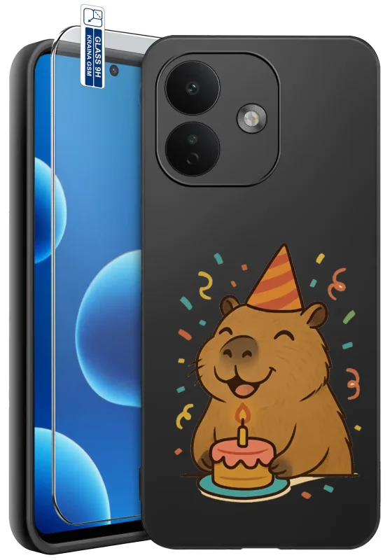 Etui z kapibarą do Xiaomi Redmi Note 17 Pro 5G z nadrukiem uśmiechniętej kapibary w urodzinowej czapeczce z tortem i konfetti na czarnym tle, szkło hartowane 9H w zestawie