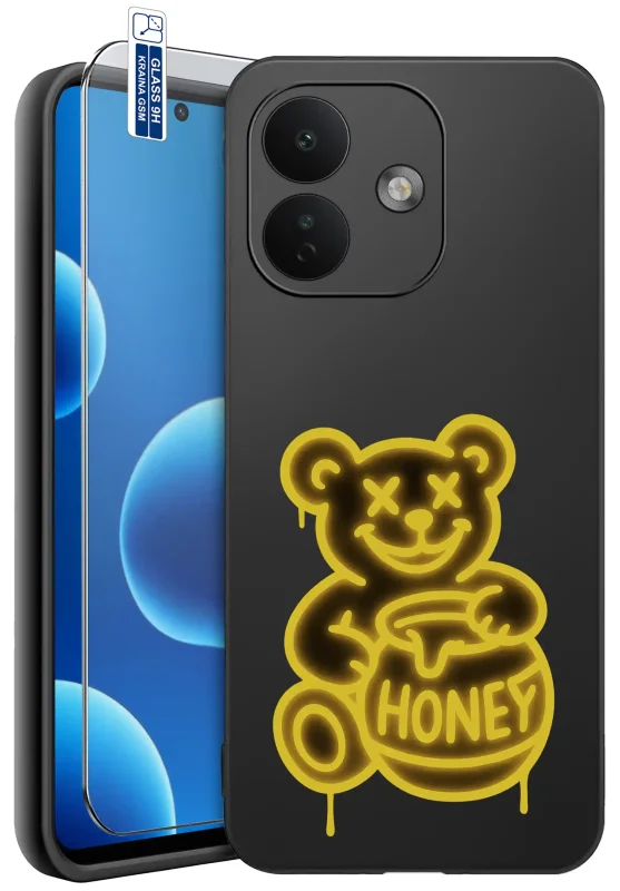 Etui z misiem do Xiaomi Redmi Note 17 Pro 5G z żółtym neonowym nadrukiem misia trzymającego słoik miodu z napisem HONEY na czarnym tle, szkło hartowane 9H w zestawie