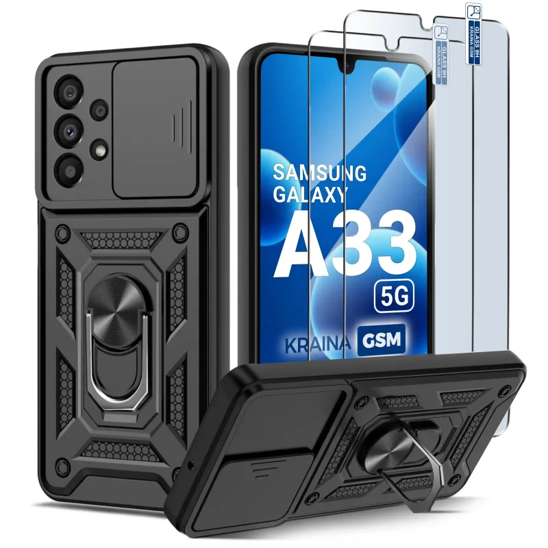 Etui pancerne do Samsung Galaxy A33 5G z ringiem 360°, przesuwną osłoną aparatu i dwoma szkłami hartowanymi 9H