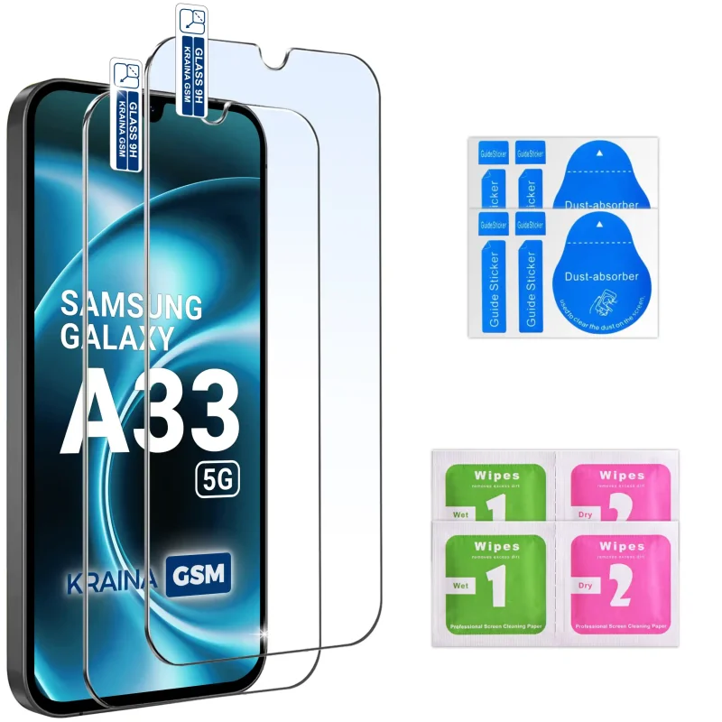 Dwa szkła hartowane 9H do Samsung Galaxy A33 5G ze ściereczkami Wet i Dry oraz naklejkami do montażu
