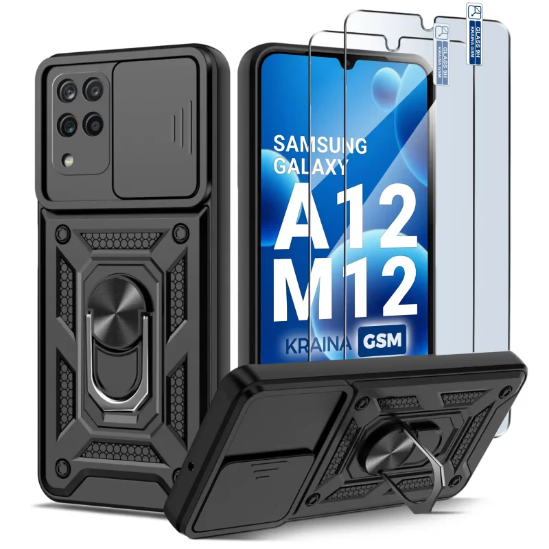 Etui pancerne do Samsung Galaxy A12 | M12 z ringiem 360°, przesuwną osłoną aparatu i dwoma szkłami hartowanymi 9H