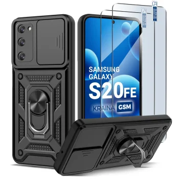 Etui do Samsung Galaxy S20 FE pancerne ring z osłoną na aparat czarne z zestawem dwóch szkieł