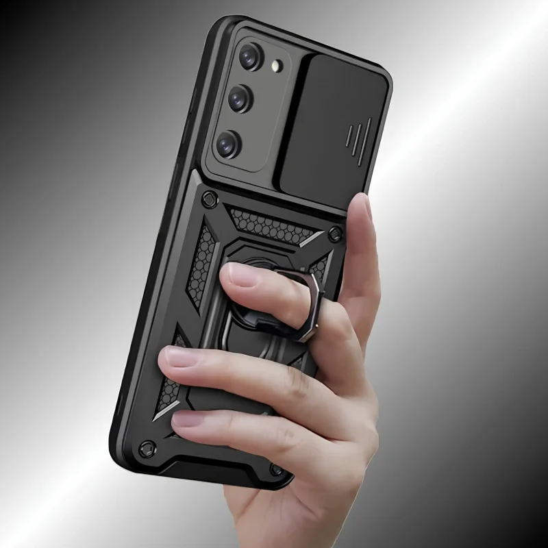Czarne etui pancerne do Samsung Galaxy S20 FE z ringiem pełniącym funkcję uchwytu na palec