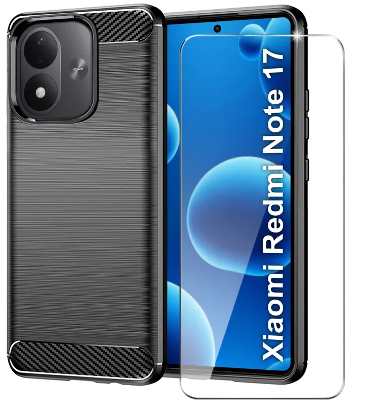 Czarne etui pancerne Carbon do Xiaomi Redmi Note 17 4G i 5G z karbonowym wzorem, osłoną aparatu i szkłem hartowanym 9H
