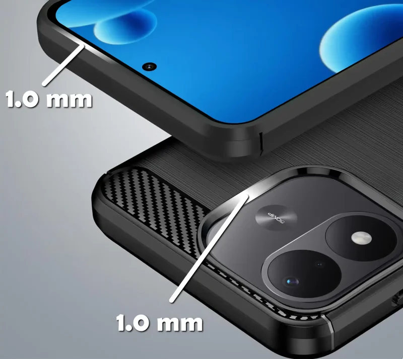 Podwyższone ranty 1 mm przy ekranie i wyspie aparatów w czarnym etui Carbon do Xiaomi Redmi Note 17 4G i 5G