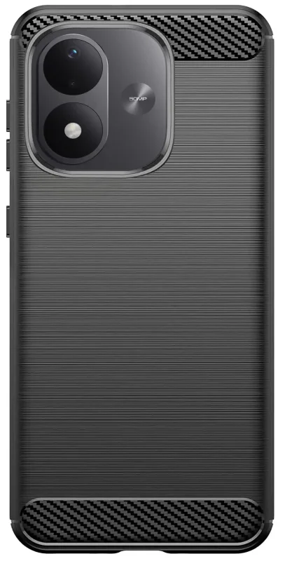 Widok tylnej części czarnego etui Carbon do Xiaomi Redmi Note 17 4G i 5G z prążkowaną fakturą i karbonowymi wstawkami