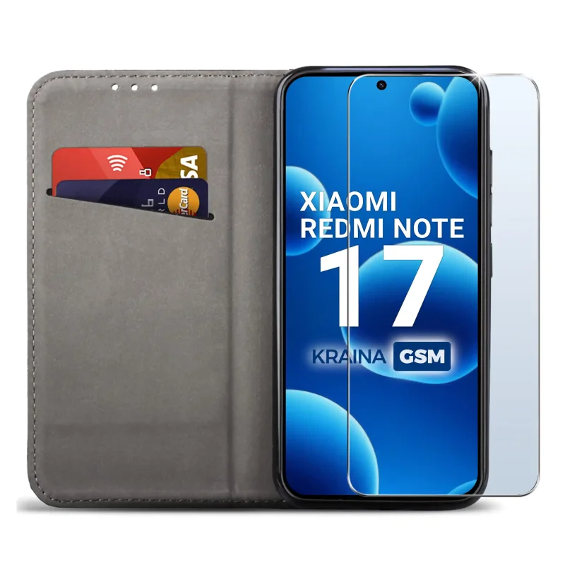 Czarne etui portfelowe do Xiaomi Redmi Note 17 4G | 5G z miejscem na karty, ukrytym magnesem i funkcją stojaka do codziennego użytkowania