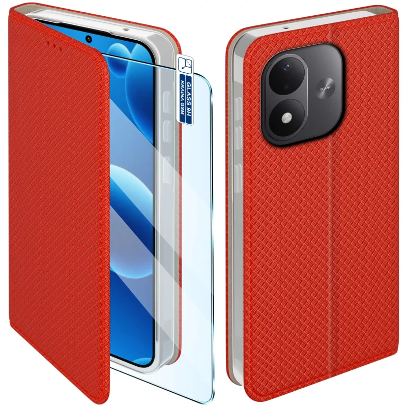 Czerwone etui z klapką do Xiaomi Redmi Note 17 4G i 5G z magnetycznym zamknięciem, fakturowaną powierzchnią i szkłem hartowanym 9H