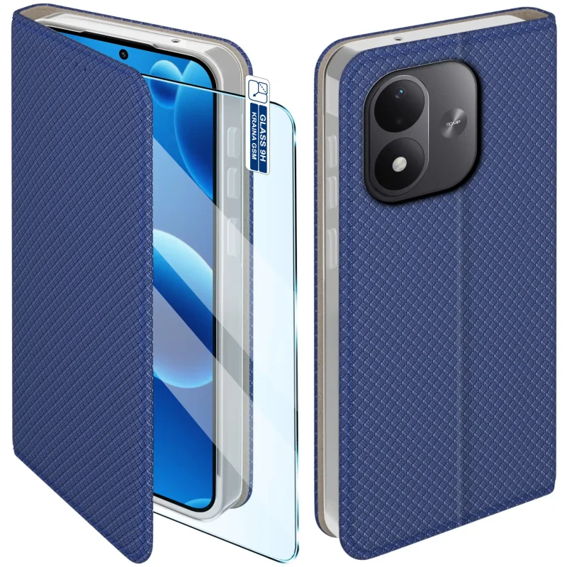 Granatowe etui z klapką do Xiaomi Redmi Note 17 4G i 5G z magnetycznym zamknięciem, fakturowaną powierzchnią i szkłem hartowanym 9H