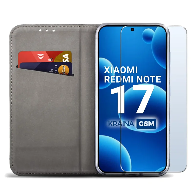 Granatowe etui do Xiaomi Redmi Note 17 4G i 5G z otwartą klapką, miękkim szarym wnętrzem, kieszonką na karty i szkłem hartowanym 9H