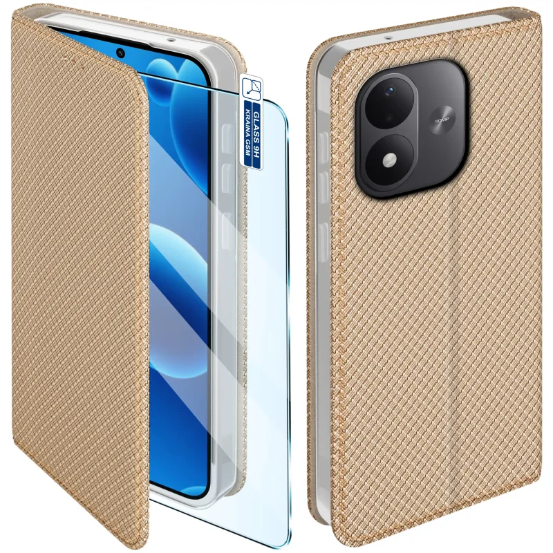 Złote etui z klapką do Xiaomi Redmi Note 17 4G i 5G z magnetycznym zamknięciem, fakturowaną powierzchnią i szkłem hartowanym 9H