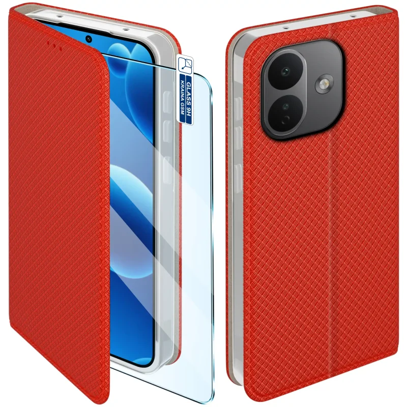 Czerwone etui z klapką do Xiaomi Redmi Note 17 Pro 5G z magnetycznym zamknięciem, fakturowaną powierzchnią i szkłem hartowanym 9H