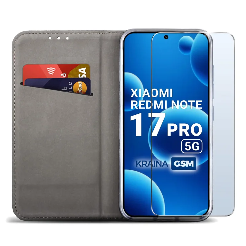 Czerwone etui do Xiaomi Redmi Note 17 Pro 5G z otwartą klapką, miękkim szarym wnętrzem, kieszonką na karty i szkłem hartowanym 9H