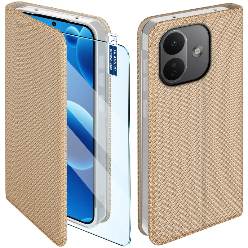 Złote etui z klapką do Xiaomi Redmi Note 17 Pro 5G z magnetycznym zamknięciem, fakturowaną powierzchnią i szkłem hartowanym 9H