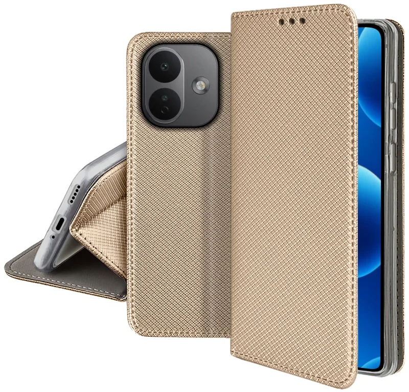 Złote etui do Xiaomi Redmi Note 17 Pro 5G z antypoślizgową fakturą, magnetyczną klapką i wycięciem na aparat, pokazane z kilku stron