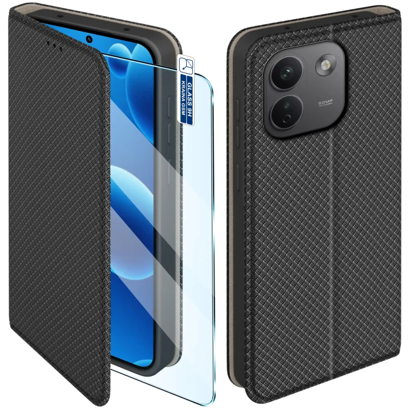 Czarne etui z klapką do Xiaomi Redmi Note 17 Pro Max 5G z magnetycznym zamknięciem, fakturowaną powierzchnią i szkłem hartowanym 9H