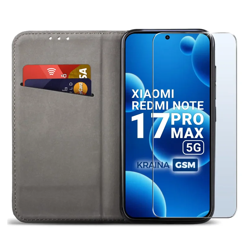 Czarne etui z klapką do Xiaomi Redmi Note 17 Pro Max 5G z kieszonką na karty, elastyczną wkładką na telefon i przezroczystym szkłem 9H