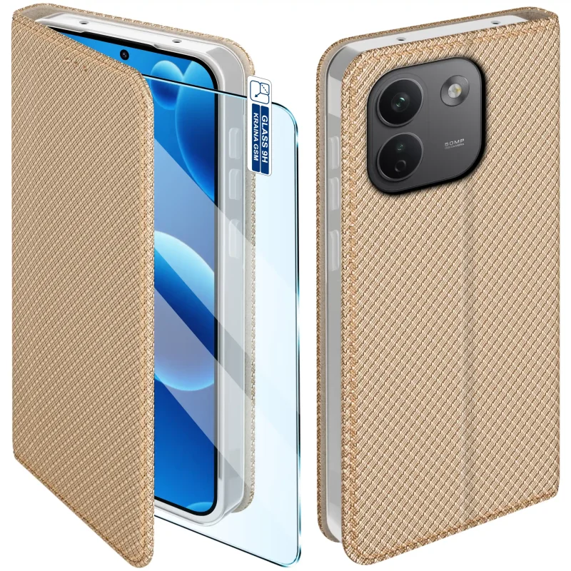 Złote etui z klapką do Xiaomi Redmi Note 17 Pro Max 5G z magnetycznym zamknięciem, fakturowaną powierzchnią i szkłem hartowanym 9H