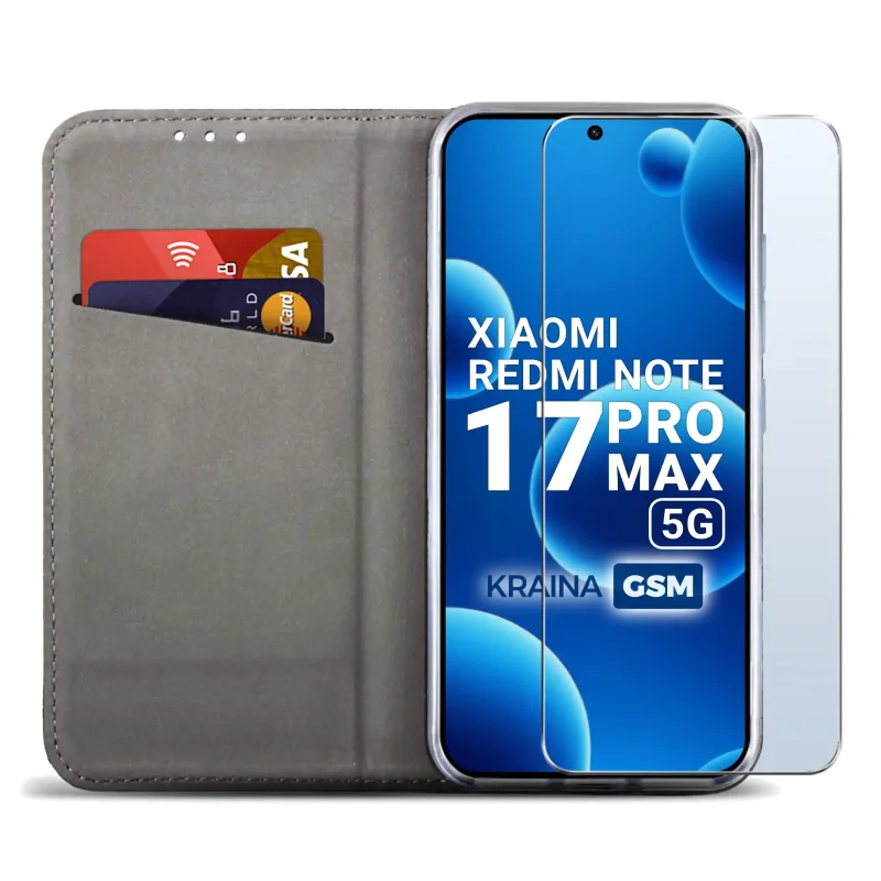Złote etui z klapką do Xiaomi Redmi Note 17 Pro Max 5G z kieszonką na karty, elastyczną wkładką na telefon i przezroczystym szkłem 9H