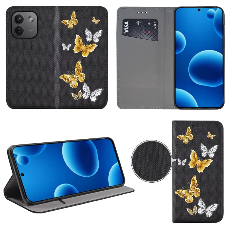 Etui książkowe do Xiaomi Redmi Note 17 Pro Max 5G z kolorowym wzorem, widok przodu i tyłu, kieszonka na kartę oraz funkcja podstawki