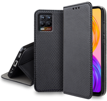 Etui zamykane do Realme 8 / 8 PRO czarne + szkło