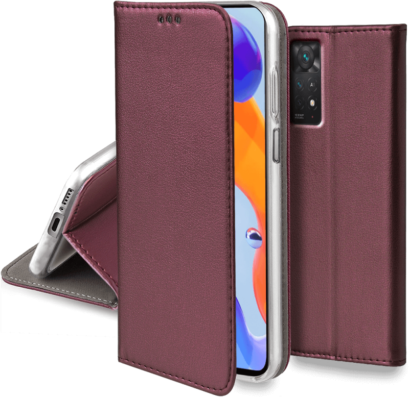 Etui magnetyczne zamykane do Xiaomi Redmi Note 11 Pro burgundowe + szkło