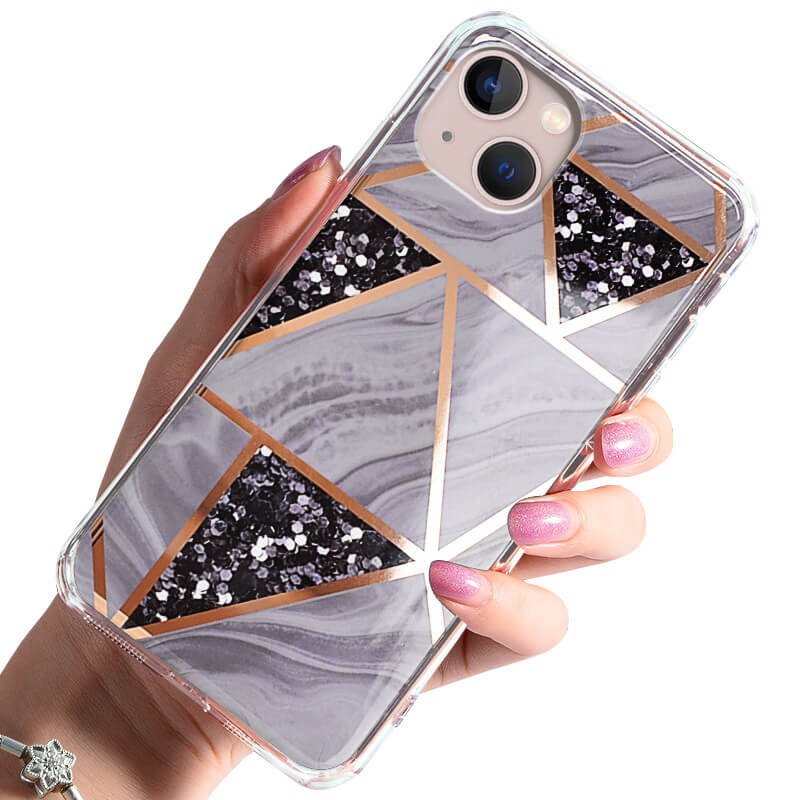 Etui glamour do Iphone 13 marmur grafitowy + szkło nakładka na plecki