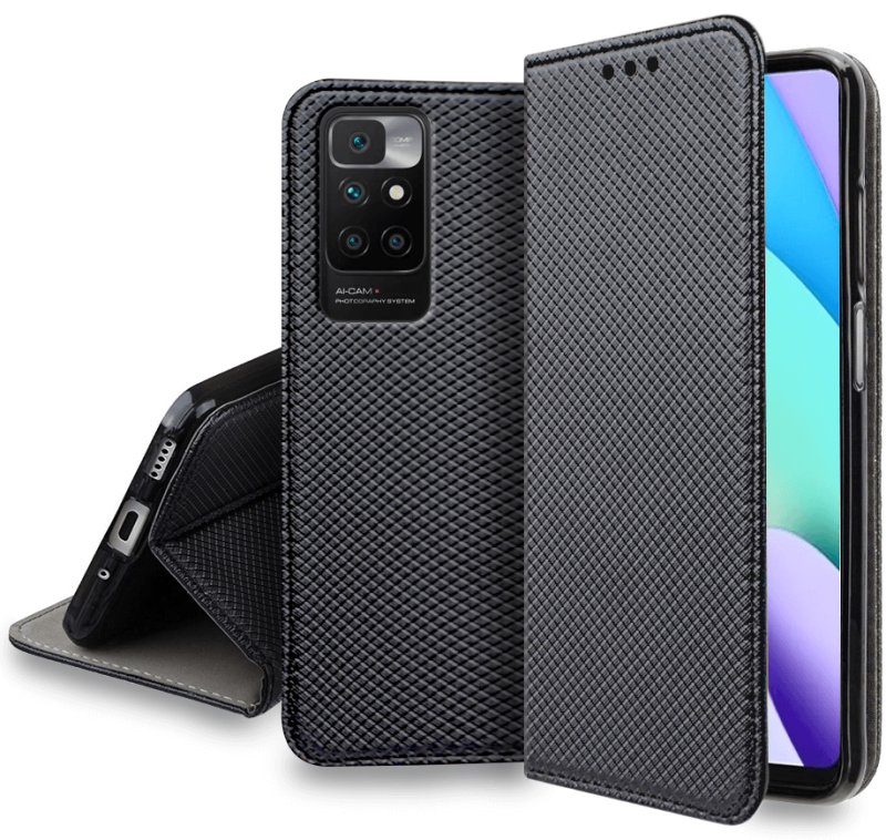 Etui zamykane do Xiaomi Redmi 10 czarne + szkło pokrowiec kabura