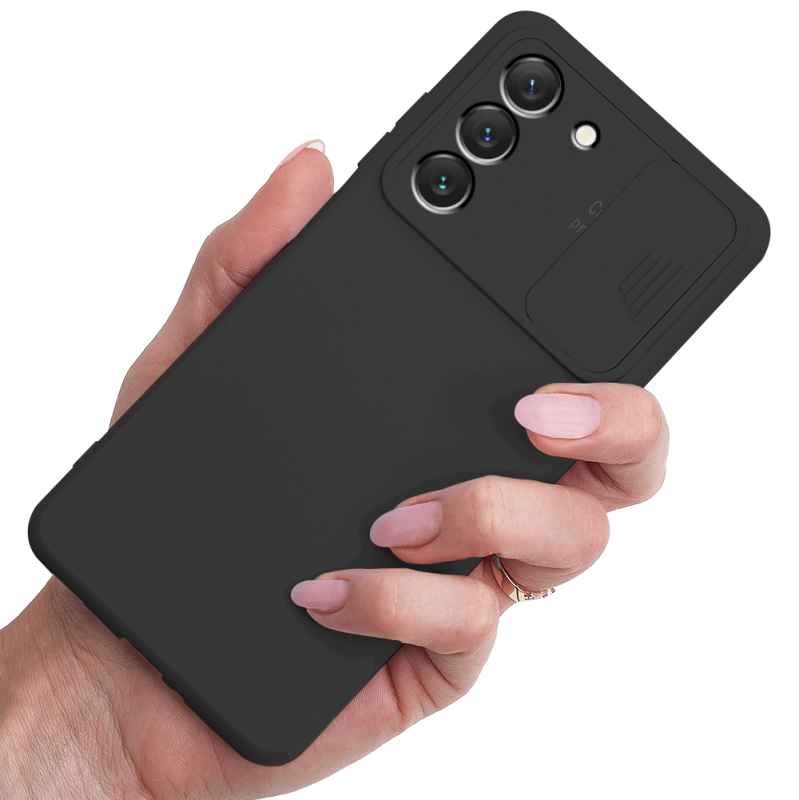 Etui silikonowe do Samsung Galaxy S22 Plus z ochroną na aparat czarne + szkło nakładka na plecki