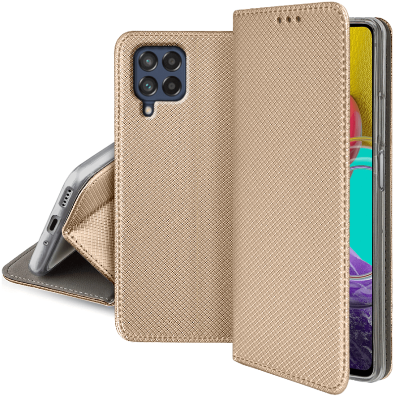 Etui zamykane do Samsung Galaxy M53 5G złote + szkło pokrowiec kabura