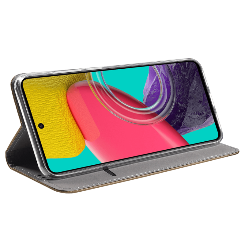 Etui zamykane do Samsung Galaxy M53 5G złote + szkło pokrowiec kabura