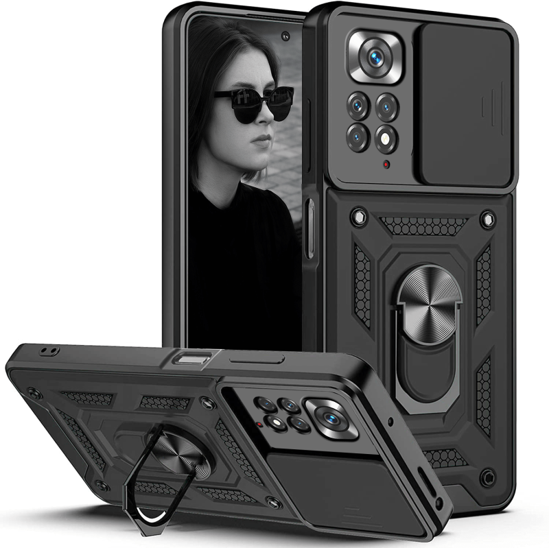 Etui pancerne ring do Xiaomi Redmi Note 11 / 11s czarne z osłoną na aparat + szkło nakładka na plecki