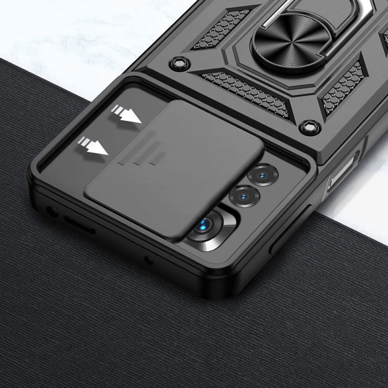 Etui pancerne ring do Xiaomi Redmi Note 11 / 11s czarne z osłoną na aparat + szkło nakładka na plecki