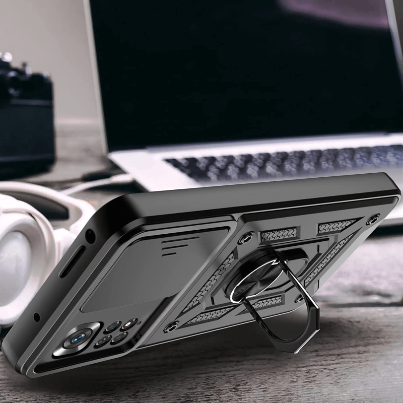 Etui pancerne ring do Xiaomi Redmi Note 11 / 11s czarne z osłoną na aparat + szkło nakładka na plecki
