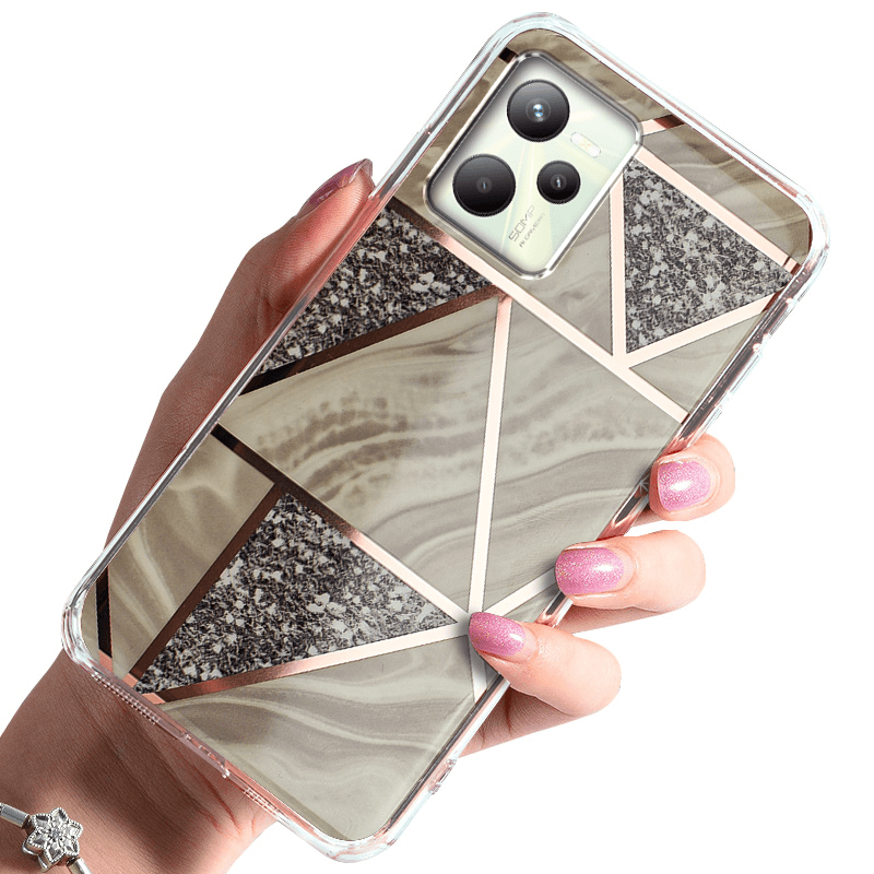 Etui glamour do Realme C35 marmur grafit + szkło nakładka na plecki case