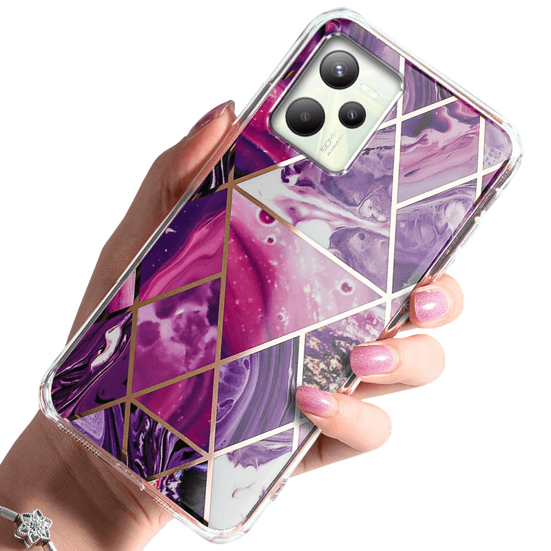 Etui glamour do Realme C35 marmur fioletowy + szkło nakładka na plecki case