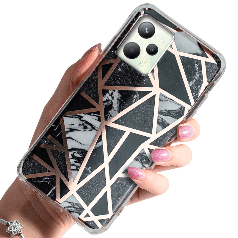 Etui glamour do Realme C35 marmur czarne + szkło nakładka na plecki case